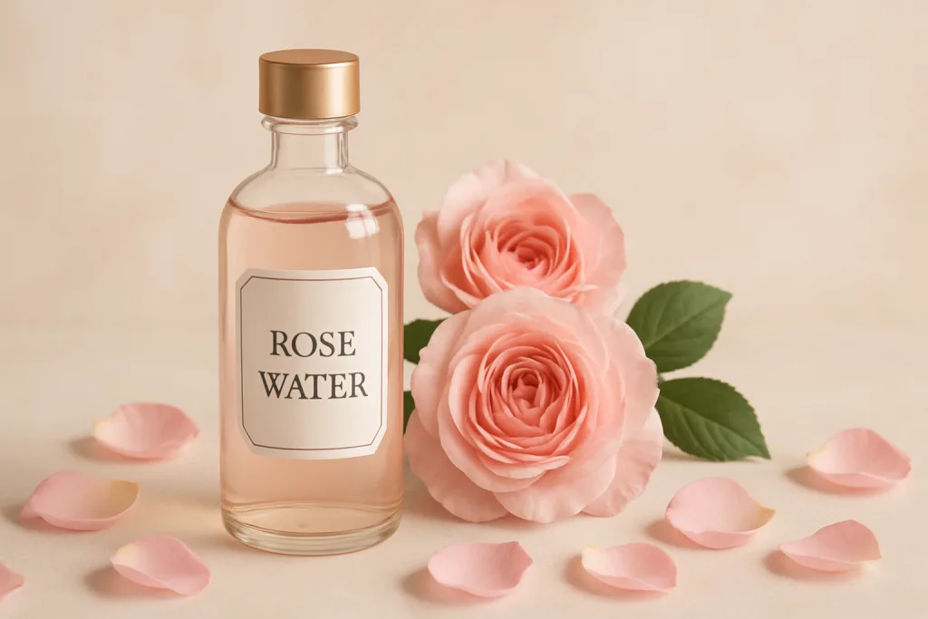 Acqua di rose, bottiglia e fiori 