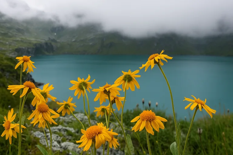 Fiaschi di vetro con infiorescenze di Arnica Montana al sole