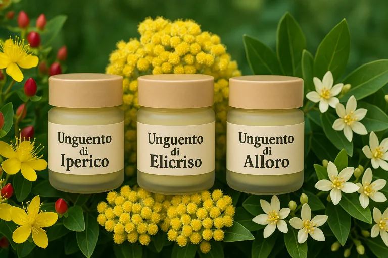 Unguenti Tre vasetti di naturali artigianali di Iperico, Elicriso e Alloro, circondati da fiori freschi su sfondo luminoso.