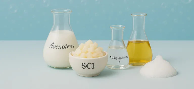 Ingredienti cosmetici naturali: Avenotens, SCI in scaglie, Poliquaternium 7, con sfondo azzurro e bolle di sapone