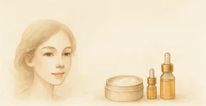 Donna elegante con flaconcini e crema, simbolo dell’applicazione dei Fiori di Bach sulla pelle