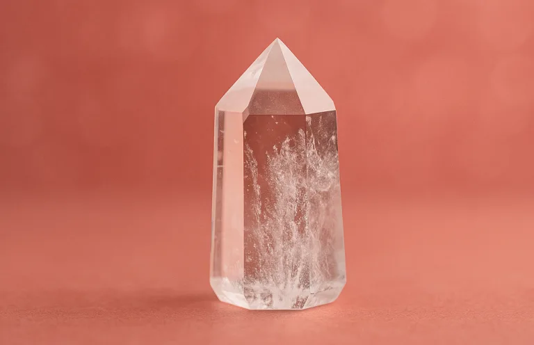 Cristallo di Rocca naturale su sfondo rosso sfumato, simbolo di energia, purezza e skincare energetica.