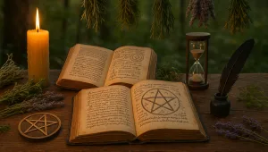 Grimorio: Tavolo antico con libri di magia, simboli alchemici, erbe essiccate e oggetti rituali, in uno studio immerso nella tradizione iniziatica.