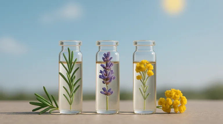 Tre ampolle trasparenti contenenti rosmarino, lavanda ed elicriso con fiori freschi su sfondo naturale, cielo azzurro e sole, dedicate alle lozioni capillari.