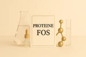 Frutto-Oligosaccaridi in cosmetica naturale, con beuta, fiala e struttura molecolare su sfondo beige: rappresentazione del concetto di skincare prebiotica.