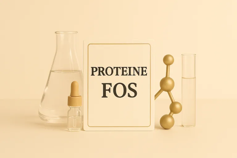 Frutto-Oligosaccaridi in cosmetica naturale, con beuta, fiala e struttura molecolare su sfondo beige: rappresentazione del concetto di skincare prebiotica.