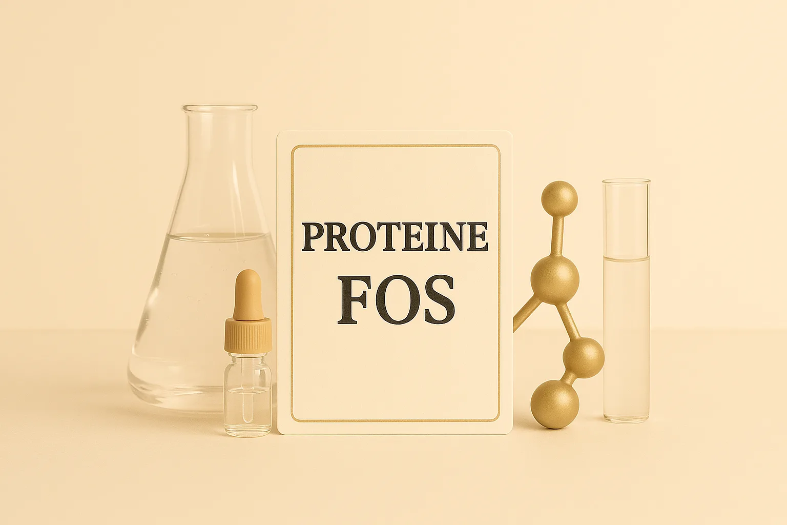 Frutto-Oligosaccaridi in cosmetica naturale, con beuta, fiala e struttura molecolare su sfondo beige: rappresentazione del concetto di skincare prebiotica.