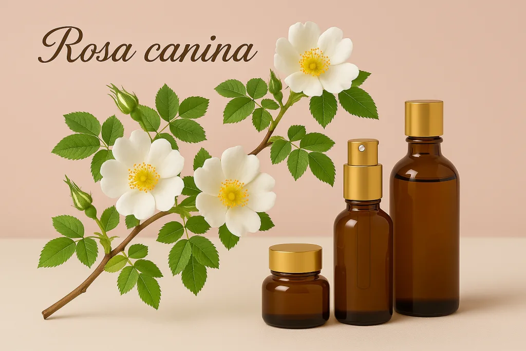 Fiore di Rosa canina, vasetti e flaconi cosmetici 