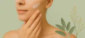 Donna applica crema sul viso con sfondo verde salvia, elementi botanici e pelle luminosa, rappresentazione simbolica dell’assorbimento cutaneo in cosmesi.