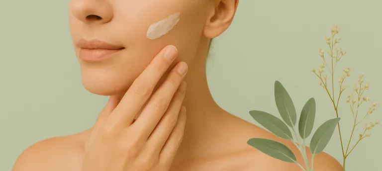 Donna applica crema sul viso con sfondo verde salvia, elementi botanici e pelle luminosa, rappresentazione simbolica dell’assorbimento cutaneo in cosmesi.