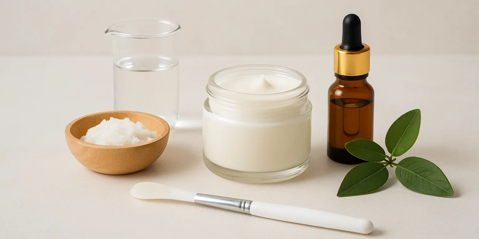 “Ingredienti base per cosmesi handmade idratante: burro, olio, becher d’acqua e foglie su fondo neutro”