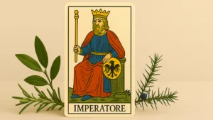 L’Imperatore nei Tarocchi con simboli sacri, pietre protettive ed erbe del potere spirituale, su sfondo neutro