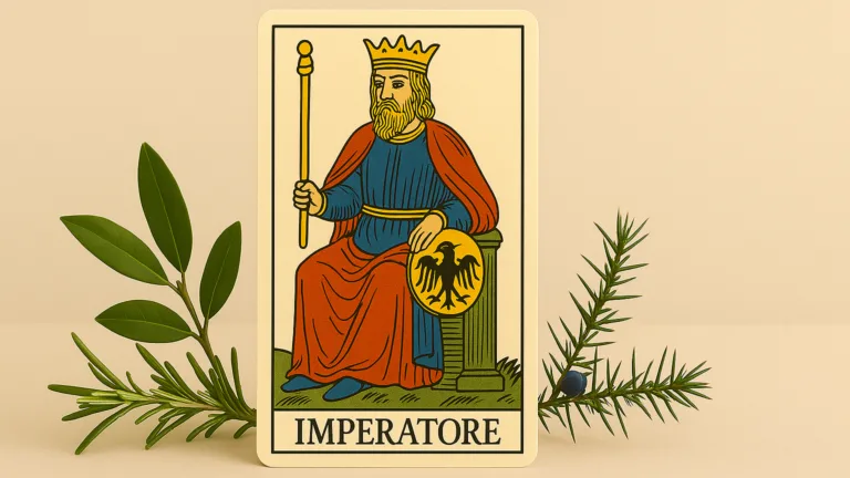 L’Imperatore nei Tarocchi con simboli sacri, pietre protettive ed erbe del potere spirituale, su sfondo neutro