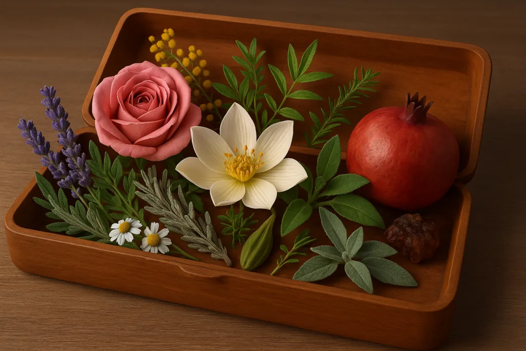 La Papessa nei Tarocchi con fiori sacri, erbe magiche e simboli del silenzio spirituale in una scatola rituale