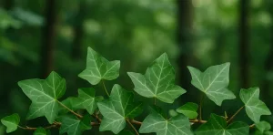 Foglie di edera in primo piano su sfondo botanico sfumato