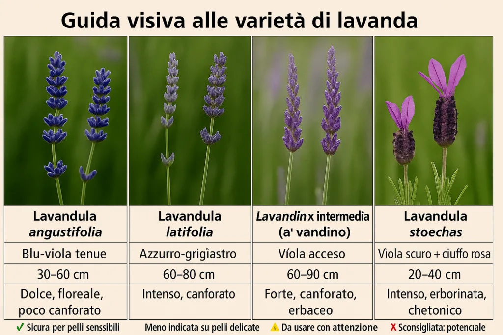 Le varietà della Lavanda : angustifolia, latifolia lavandino stoechas