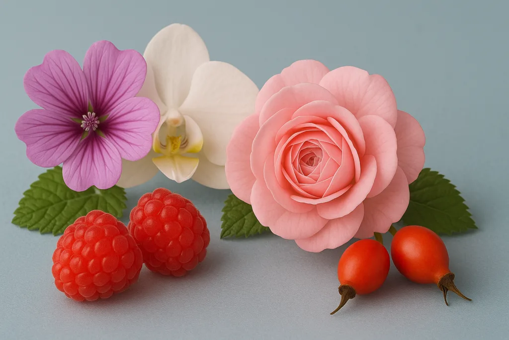 Rosa damascena, lamponi, orchidea fiori per la nostra pelle