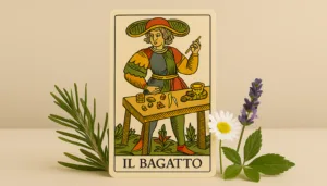 Il Bagatto nei Tarocchi con simboli esoterici, pietre e strumenti rituali