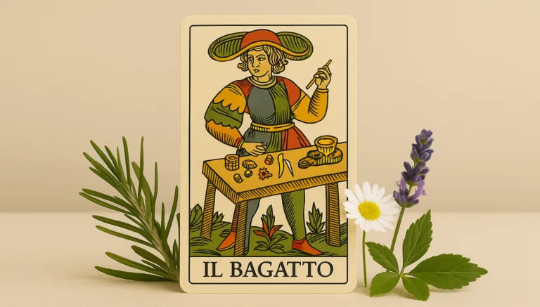 Il Bagatto nei Tarocchi con simboli esoterici, pietre e strumenti rituali