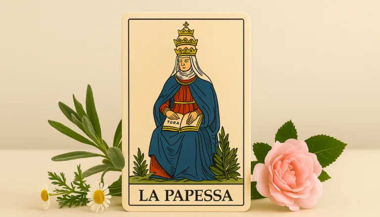 La Papessa nei Tarocchi tra simboli lunari, libro sacro e fiori mistici