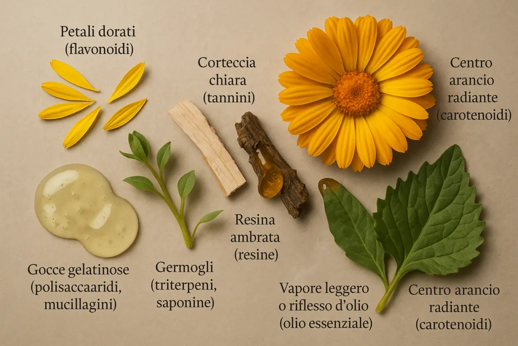 Composizione botanica simbolica dei principali costituenti attivi della Calendula officinalis
