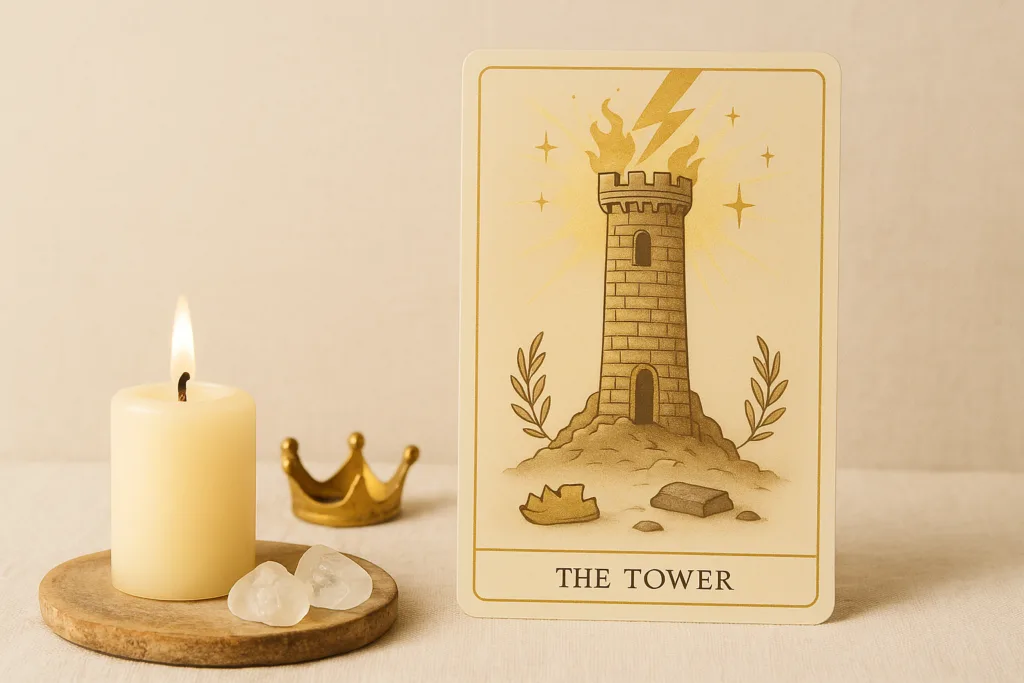 Immagine simbolica della Torre (Arcano 16) dei Tarocchi, raffigurata in stile mistico e positivo. Ideale per articoli di spiritualità, crescita interiore e magia bianca.