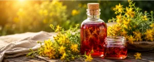 Oleolito di iperico rosso rubino con fiori freschi di Hypericum perforatum per cosmetica naturale handmade