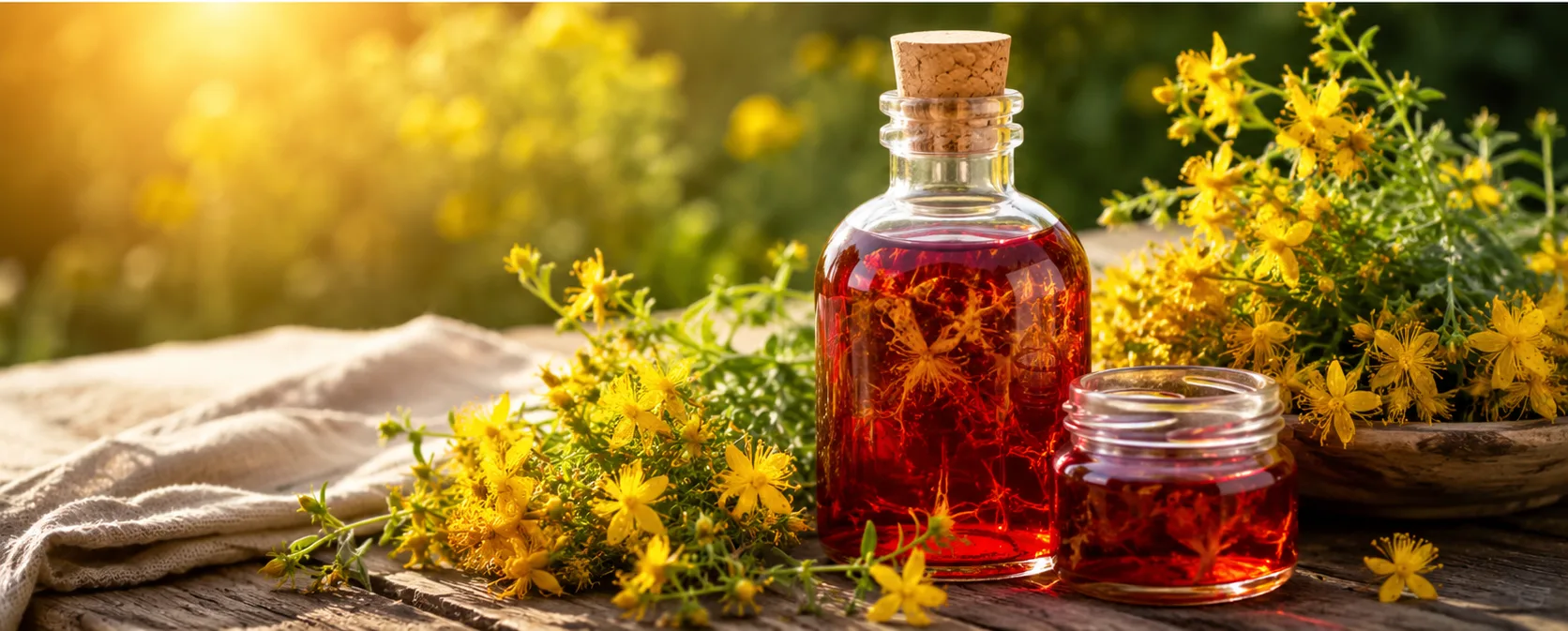 Oleolito di iperico rosso rubino con fiori freschi di Hypericum perforatum per cosmetica naturale handmade
