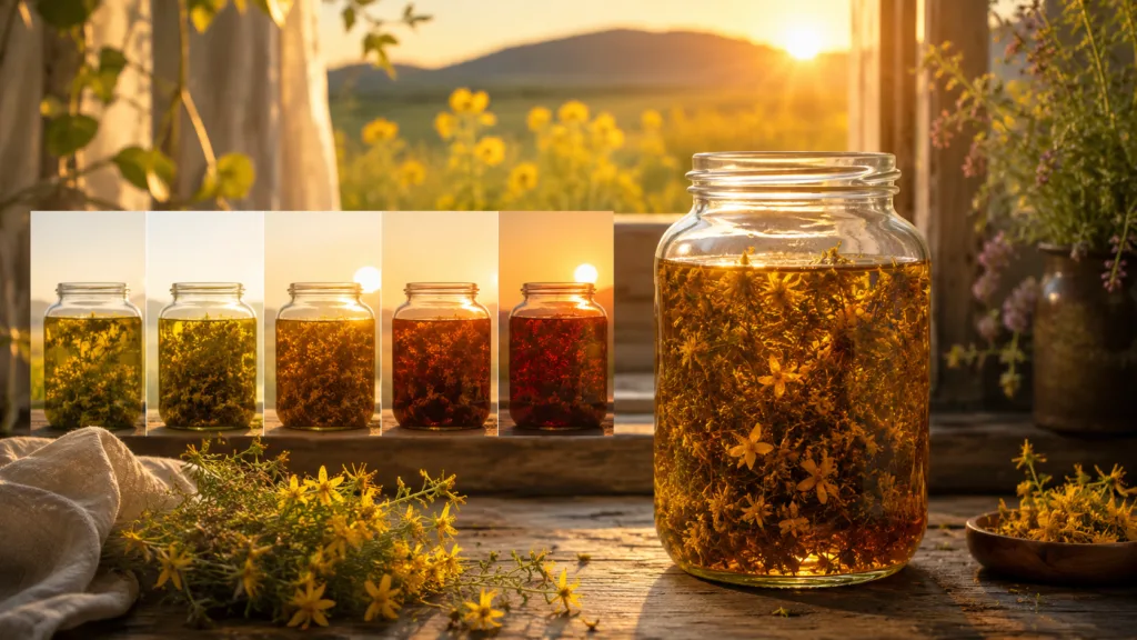 Vaso di oleolito di iperico in macerazione alla luce naturale del sole secondo la tradizione erboristica