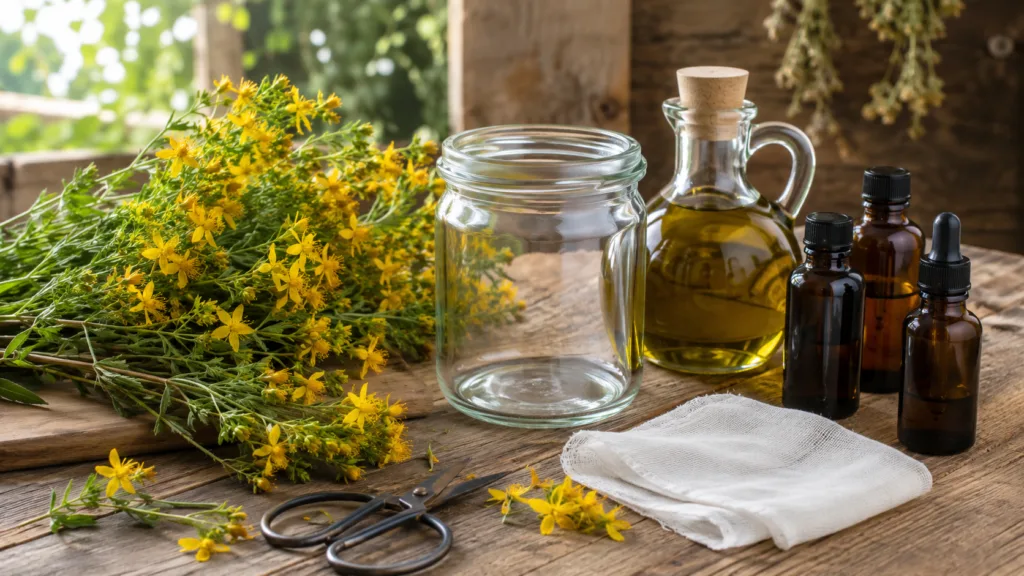 Ingredienti e materiali per preparare l’oleolito di iperico con fiori freschi, vaso di vetro, olio vegetale, garza e flaconi scuri