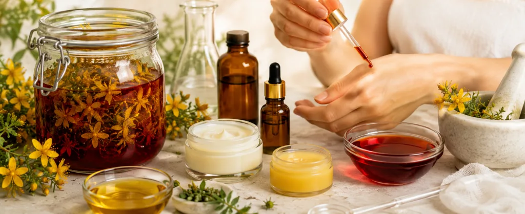 Immagine dedicata agli usi cosmetici e alla conservazione dell’oleolito di iperico, con flaconi scuri, preparazioni naturali e applicazione topica.
