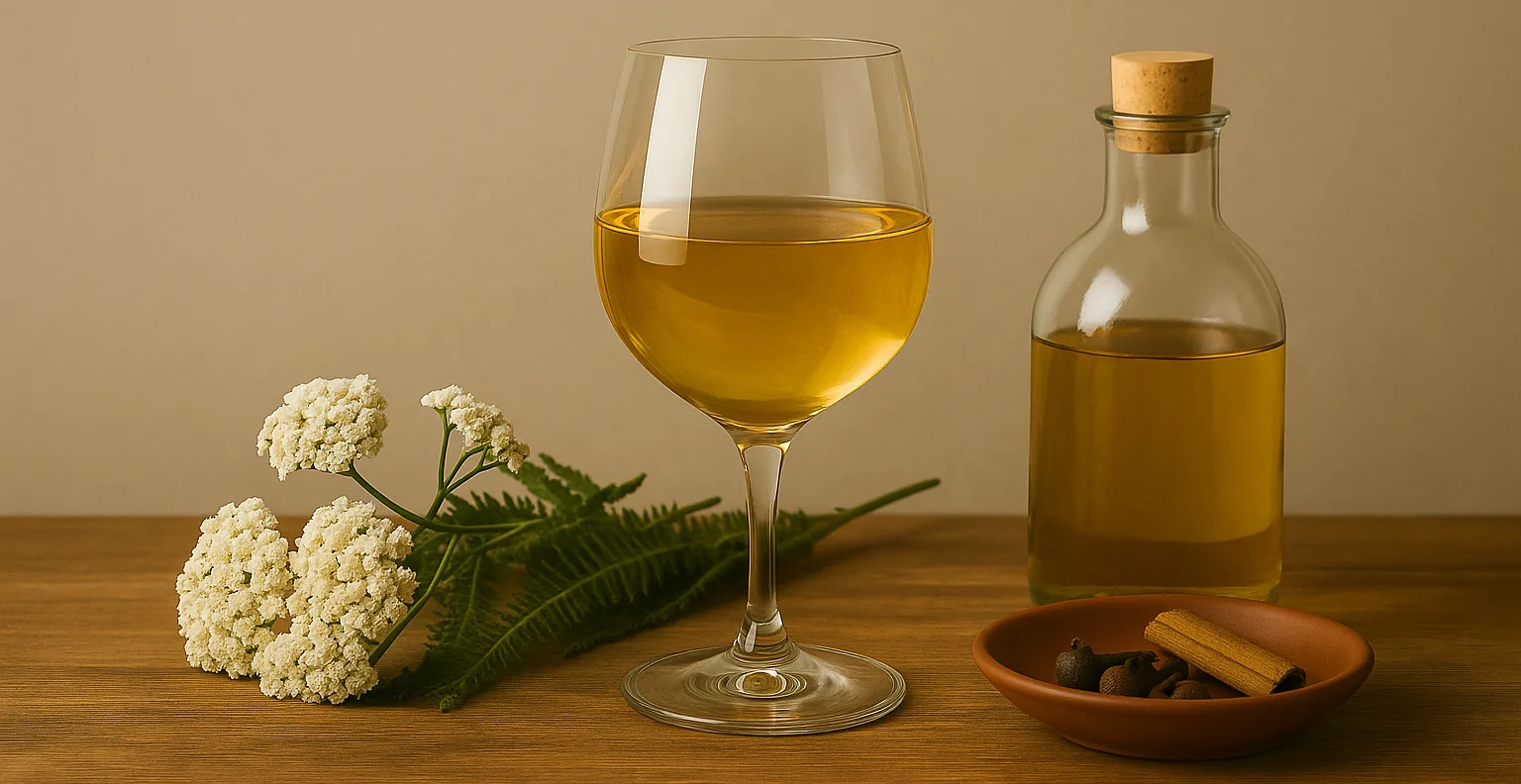 Calice di vino bianco all’achillea con fiori freschi, cannella e chiodi di garofano su fondo neutro