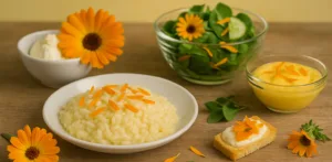 Risotto, burro e insalata guarniti con petali di calendula su sfondo rustico