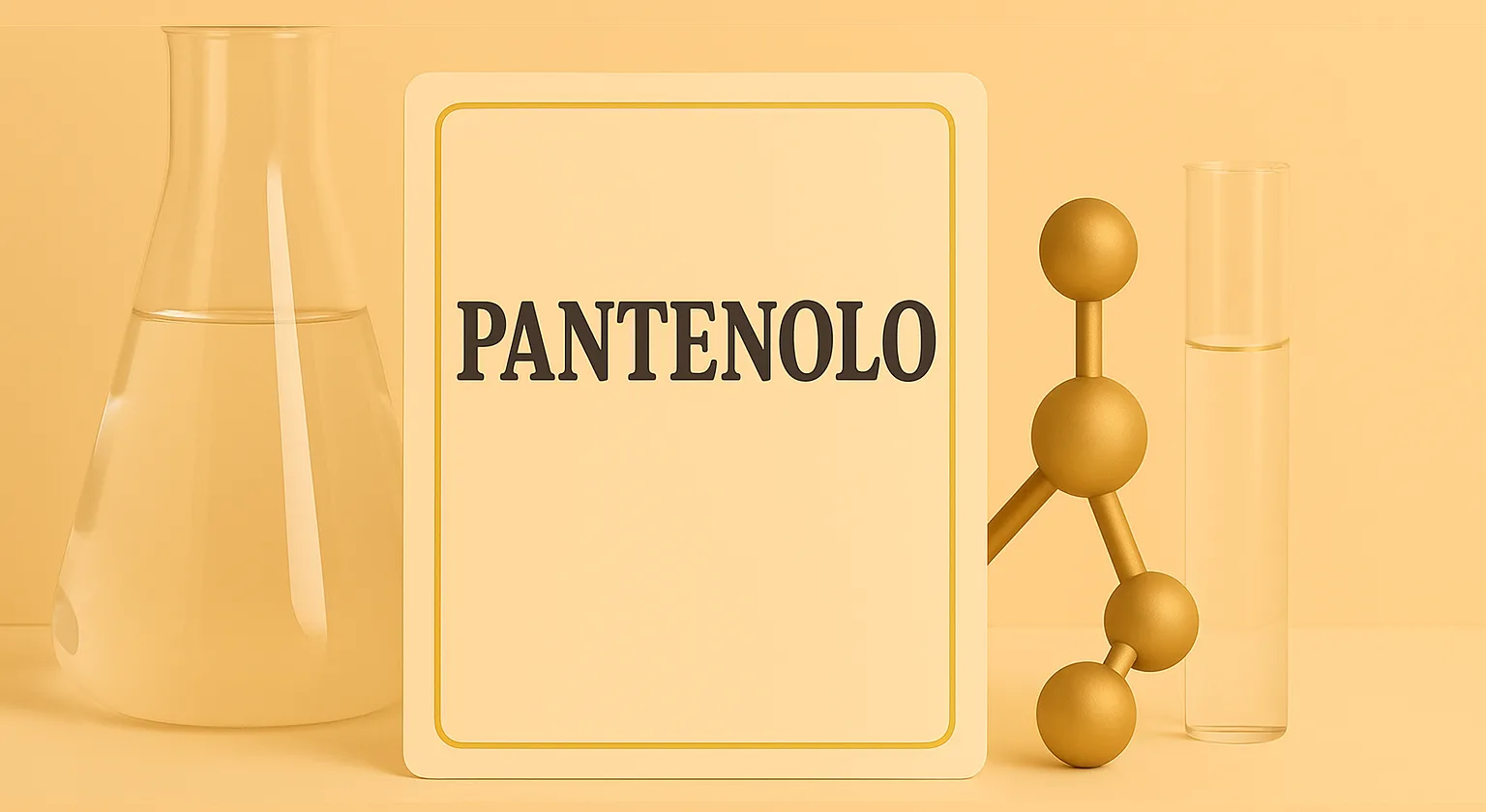 Immagine concettuale del Pantenolo in ambito cosmetico, con elementi da laboratorio e scritta "Cosmetica" su sfondo beige minimalista.