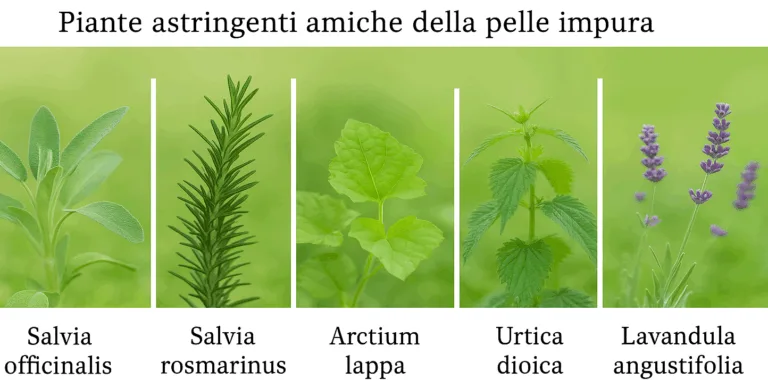 Scopri le piante astringenti naturali ideali per la pelle impura: Salvia, Rosmarino, Bardana, Ortica e Lavanda aiutano a riequilibrare il sebo, purificare e tonificare la pelle in modo delicato e naturale.