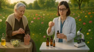 Due donne praticano la cosmetica artigianale e unendo natura e scienza: l'anziana lavora con estratti vegetali, la scienziata miscela ingredienti naturali, in un campo di fiori, simbolo dell'incontro tra tradizione e innovazione cosmetica.