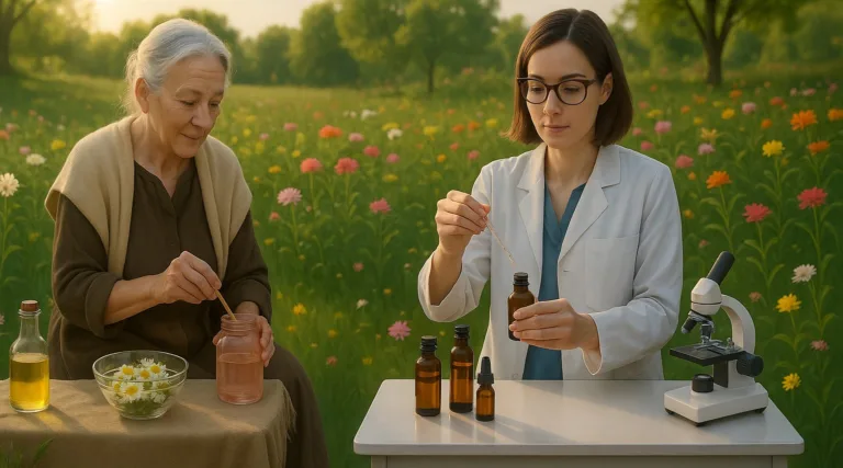 Due donne praticano la cosmetica artigianale e unendo natura e scienza: l'anziana lavora con estratti vegetali, la scienziata miscela ingredienti naturali, in un campo di fiori, simbolo dell'incontro tra tradizione e innovazione cosmetica.
