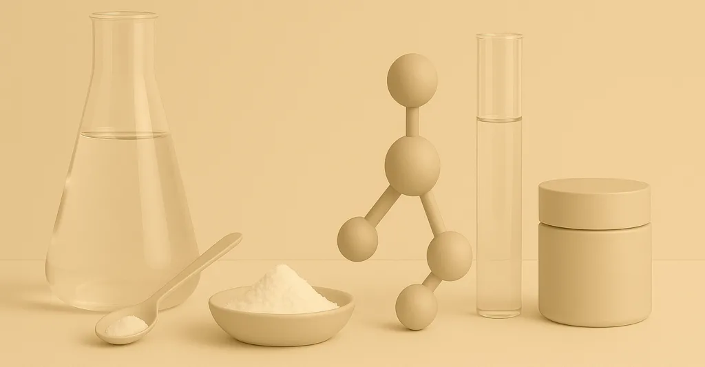 "Immagine estetica neutra che rappresenta i principali ingredienti cosmetici per la formulazione di sieri idratanti, tonici riequilibranti, maschere schiarenti, gel sebo-regolatori e creme anti-age a base di niacinamide."