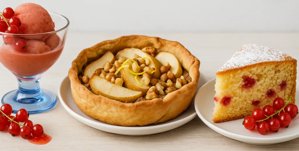 Torta, sorbetto e crostata di ribes
