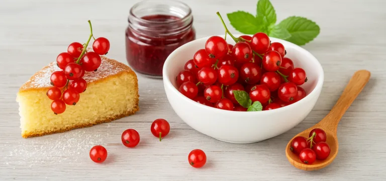 Ribes in cucina: ciotola di ribes rosso, fetta di torta e confettura su tavolo chiaro