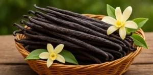 Cestino con baccelli e fiori di vaniglia del Madagascar su sfondo naturale