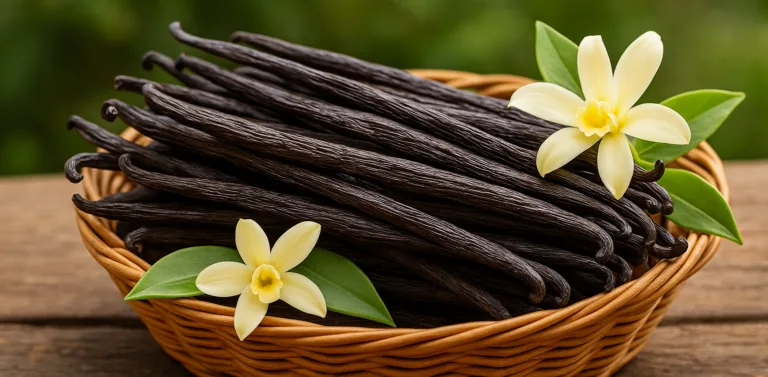 Cestino con baccelli e fiori di vaniglia del Madagascar su sfondo naturale