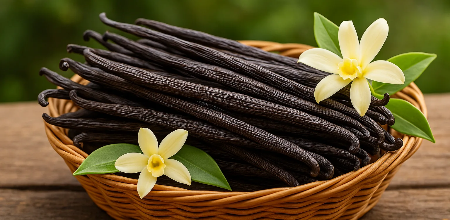 Cestino con baccelli e fiori di vaniglia del Madagascar su sfondo naturale
