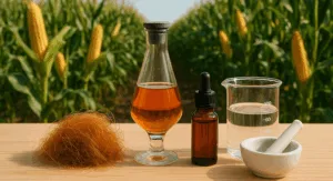 Ingredienti naturali derivati dal mais, come oli ed estratti, utilizzati in cosmetica e fitoterapia per le loro proprietà nutrienti e lenitive.