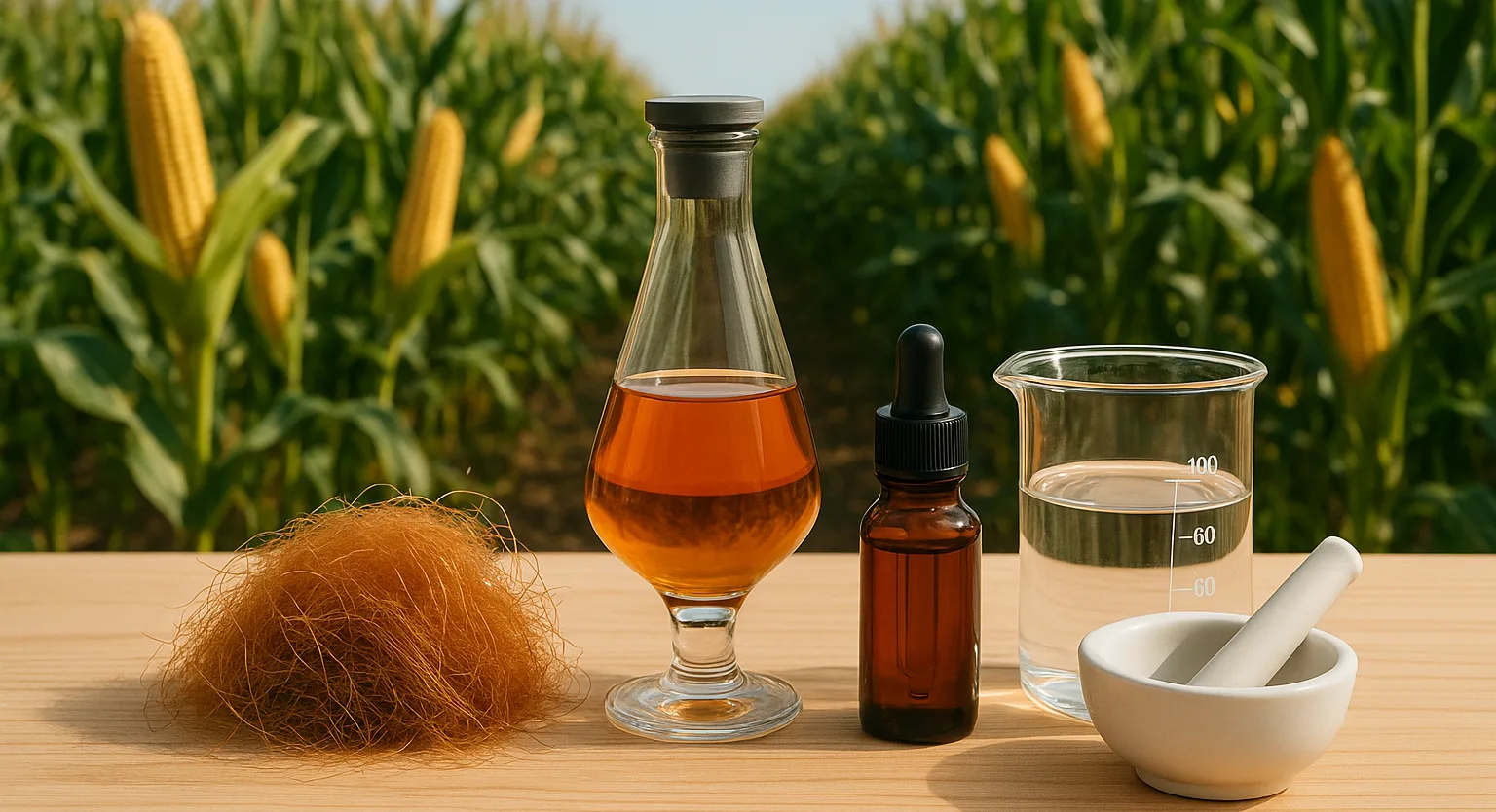 Ingredienti naturali derivati dal mais, come oli ed estratti, utilizzati in cosmetica e fitoterapia per le loro proprietà nutrienti e lenitive.