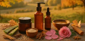 Ayurveda: crema e maschera ayurveda con ingredienti naturali come curcuma, miele, rosa e oli vegetali