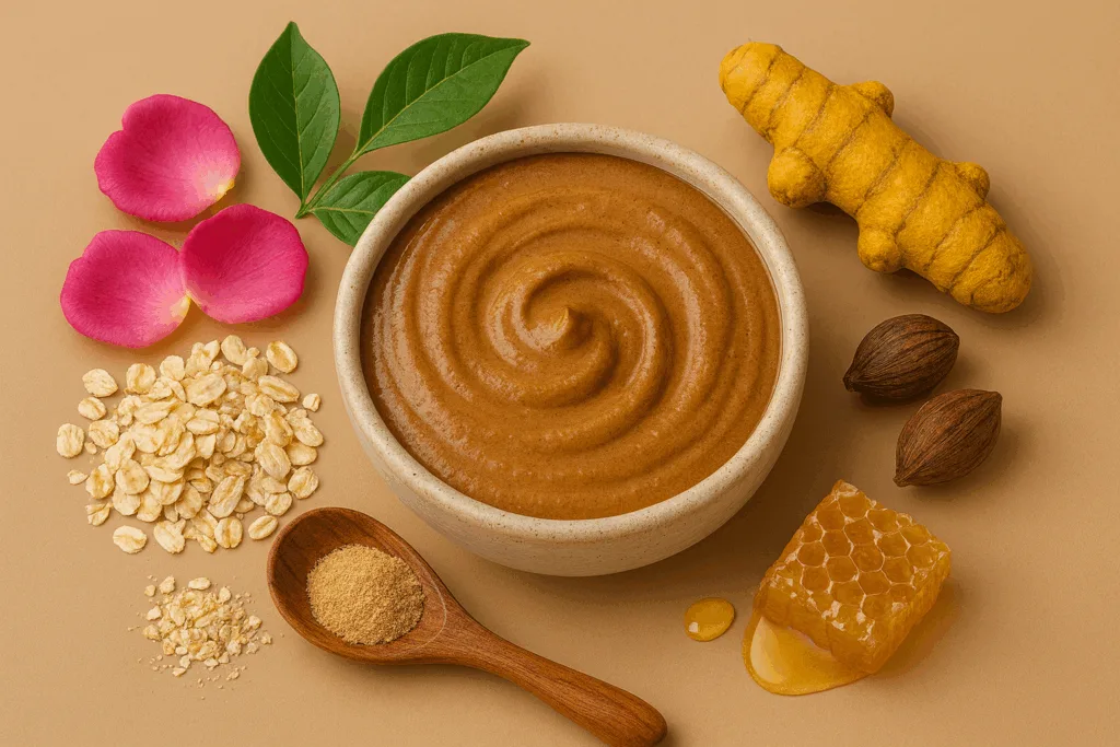 Crema ayurvedica con essenza di rosa e ingredienti naturali per idratare la pelle e riequilibrare i dosha secondo la tradizione ayurvedica.