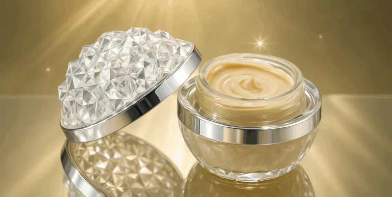 “Crema giorno viso lussuosa color champagne in vaso di vetro sfaccettato con coperchio diamantato, illuminata da riflessi dorati.”