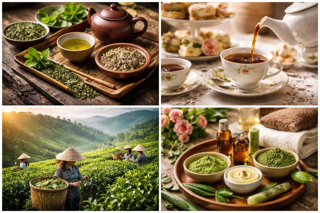 Il tè: raccolta delle foglie di Camellia sinensis e preparazioni tradizionali e cosmetiche