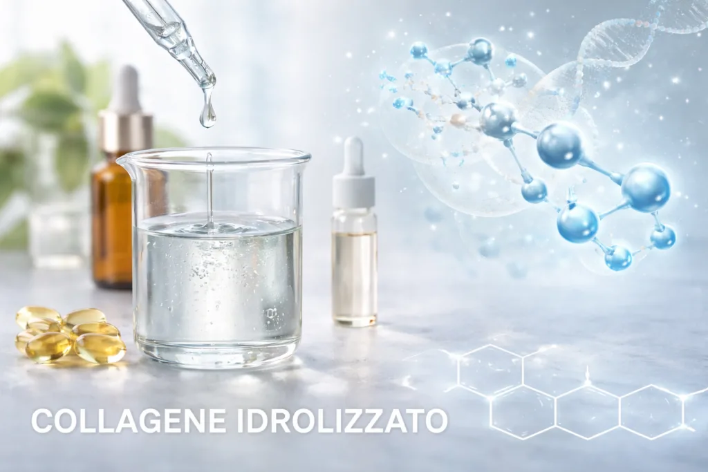Collagene nei cosmetici: Becher con collagene idrolizzato in forma liquida utilizzato in formulazioni cosmetiche